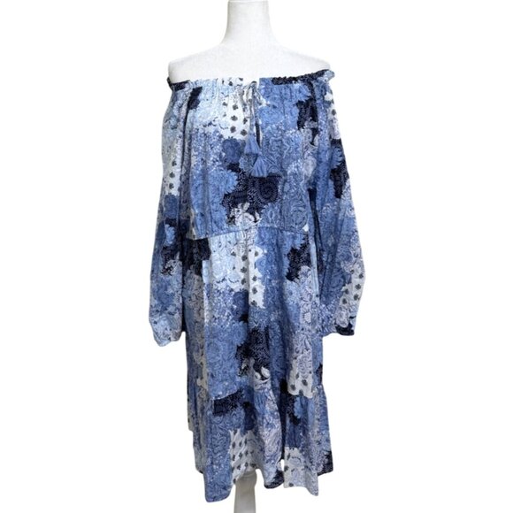 Frye and Co Boho Off-Shoulder Dress Blue White Patchwork Festival Womens Size 1X - Picture 2 of 7